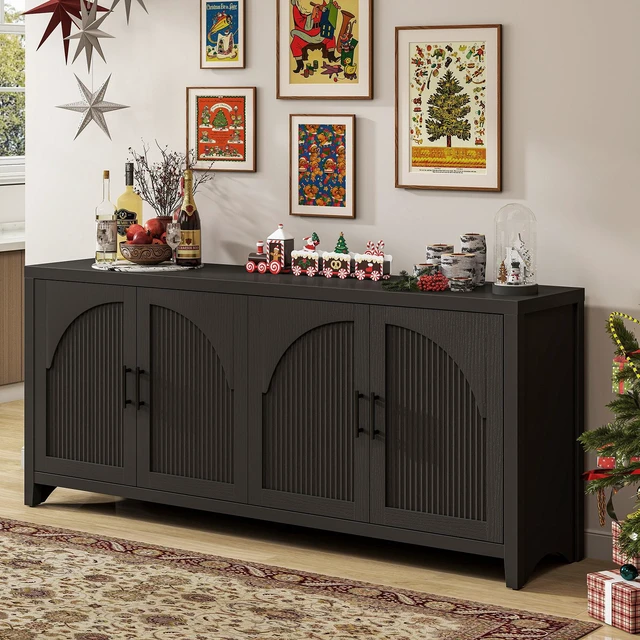 Alt view image 3 of 7 - 70" Fluted TV Stand for TVs up to 75", Mid-Century Media Center TV Console with Storage for Living Room & Bedroom Black Grained