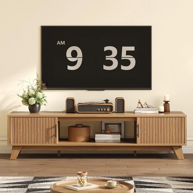 Main image of Fluted TV Stand for 75" TV, Modern Entertainment Center with Storage Cabinet & Open Shelf, Modern Media Console with Cord Management