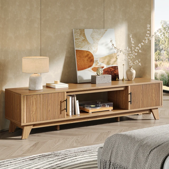 Alt view image 2 of 7 - Fluted TV Stand for 75" TV, Modern Entertainment Center with Storage Cabinet & Open Shelf, Modern Media Console with Cord Management