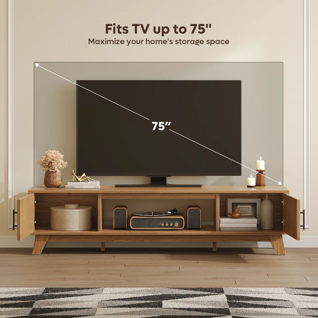 Alt view image 3 of 7 - Fluted TV Stand for 75" TV, Modern Entertainment Center with Storage Cabinet & Open Shelf, Modern Media Console with Cord Management