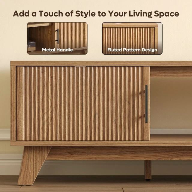 Alt view image 5 of 7 - Fluted TV Stand for 75" TV, Modern Entertainment Center with Storage Cabinet & Open Shelf, Modern Media Console with Cord Management