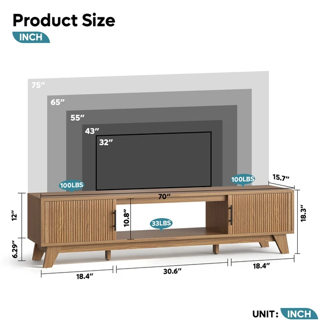 Alt view image 6 of 7 - Fluted TV Stand for 75" TV, Modern Entertainment Center with Storage Cabinet & Open Shelf, Modern Media Console with Cord Management