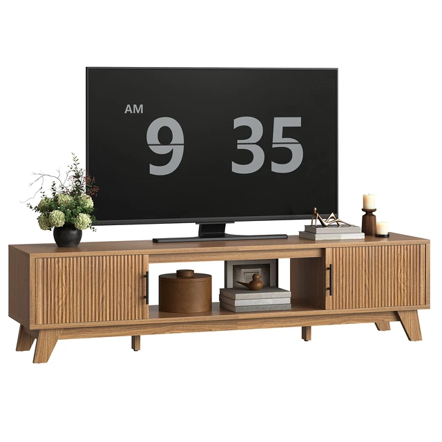 Alt view image 7 of 7 - Fluted TV Stand for 75" TV, Modern Entertainment Center with Storage Cabinet & Open Shelf, Modern Media Console with Cord Management