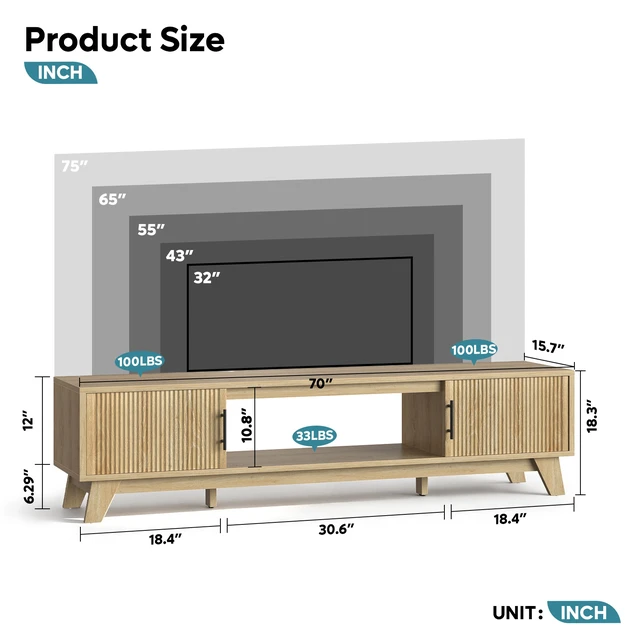 Alt view image 3 of 7 - Fluted TV Stand for 75" TV, Modern Entertainment Center with Storage Cabinet & Open Shelf, Modern Media Console with Cord Management Natual Oak