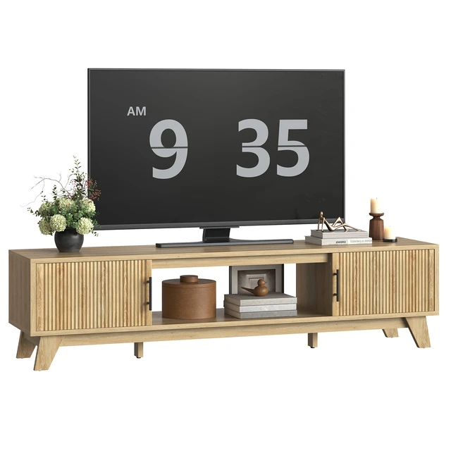 Alt view image 7 of 7 - Fluted TV Stand for 75" TV, Modern Entertainment Center with Storage Cabinet & Open Shelf, Modern Media Console with Cord Management Natual Oak