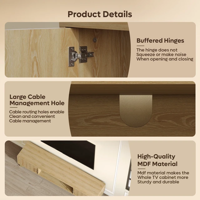 Alt view image 4 of 7 - Fluted TV Stand for 75" TV, Modern Entertainment Center with Storage Cabinet & Open Shelf, Modern Media Console with Cord Management Natual Oak