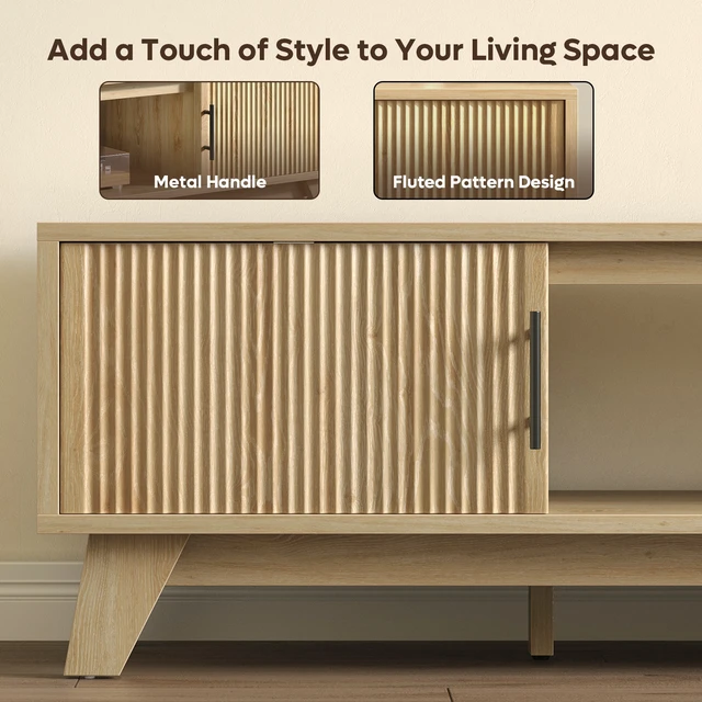Alt view image 5 of 7 - Fluted TV Stand for 75" TV, Modern Entertainment Center with Storage Cabinet & Open Shelf, Modern Media Console with Cord Management Natual Oak
