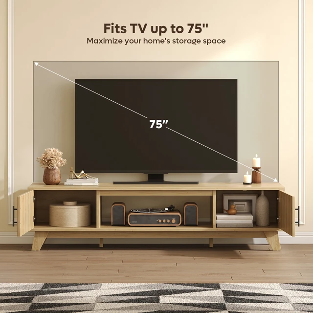 Alt view image 6 of 7 - Fluted TV Stand for 75" TV, Modern Entertainment Center with Storage Cabinet & Open Shelf, Modern Media Console with Cord Management Natual Oak