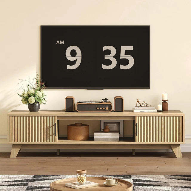 Main image of Fluted TV Stand for 75" TV, Modern Entertainment Center with Storage Cabinet & Open Shelf, Modern Media Console with Cord Management Natual Oak