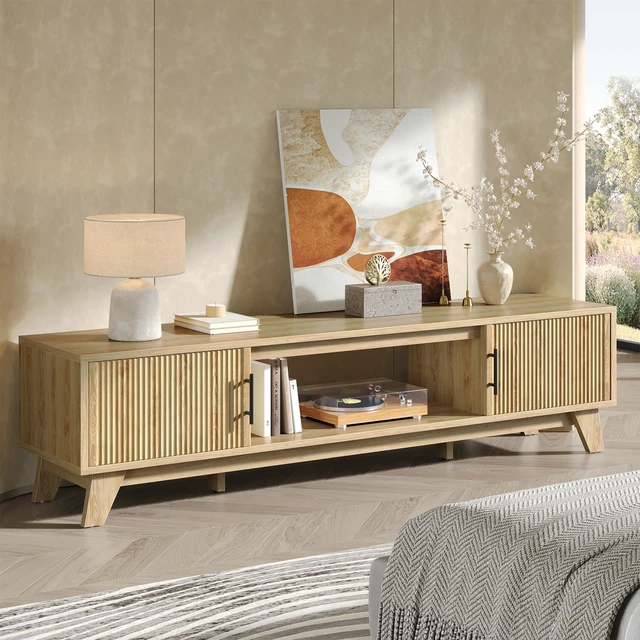 Alt view image 2 of 7 - Fluted TV Stand for 75" TV, Modern Entertainment Center with Storage Cabinet & Open Shelf, Modern Media Console with Cord Management Natual Oak
