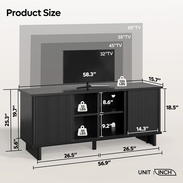 Alt view image 3 of 7 - 58" TV Stand for 45/55/60/65" TV, Farmhouse TV Cabinet with Sliding Doors, TV Media Console with Storage for Living Room & Bedroom