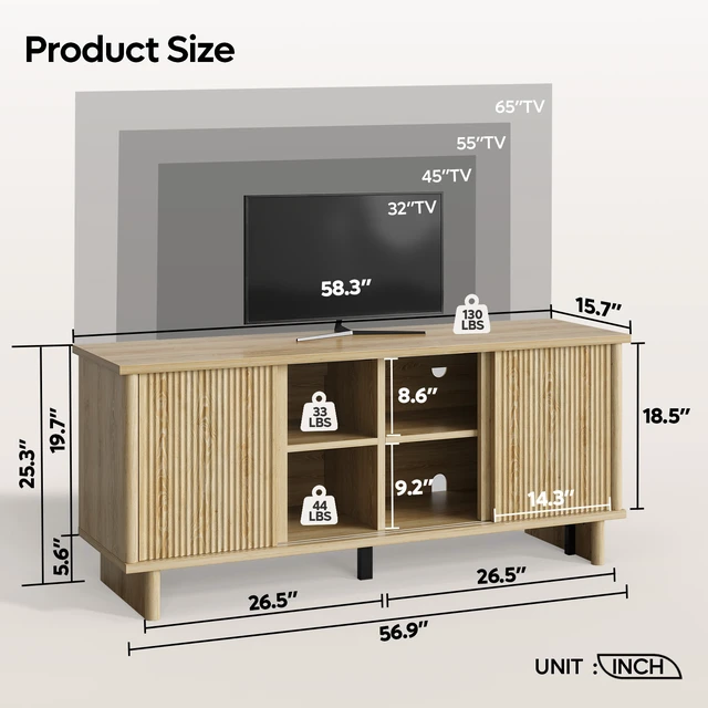 Alt view image 6 of 6 - 58" TV Stand for 45/55/60/65" TV, Farmhouse TV Cabinet with Sliding Doors, TV Media Console with Storage for Living Room & Bedroom Natual Oak