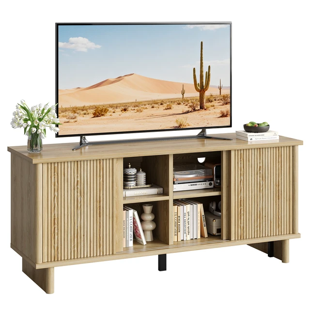 Alt view image 5 of 6 - 58" TV Stand for 45/55/60/65" TV, Farmhouse TV Cabinet with Sliding Doors, TV Media Console with Storage for Living Room & Bedroom Natual Oak