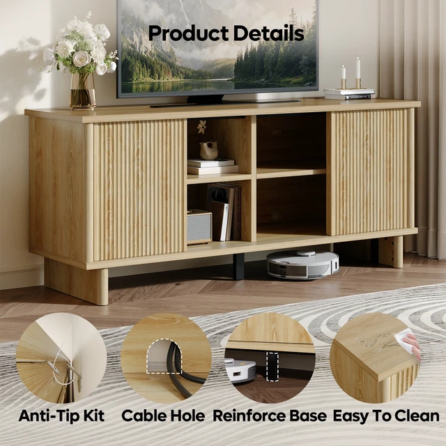 Alt view image 3 of 6 - 58" TV Stand for 45/55/60/65" TV, Farmhouse TV Cabinet with Sliding Doors, TV Media Console with Storage for Living Room & Bedroom Natual Oak