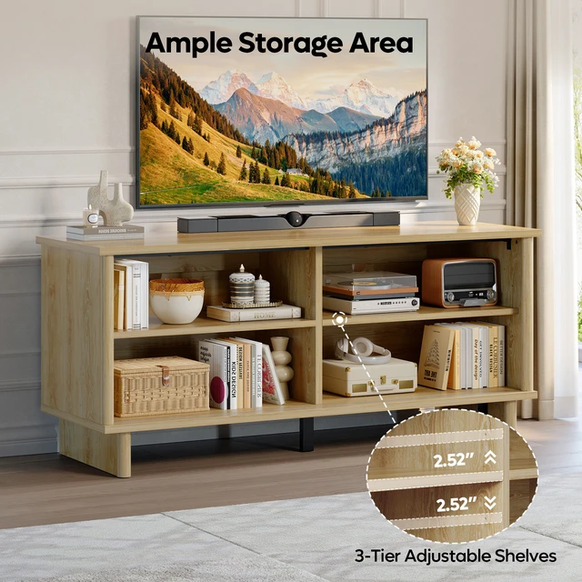 Alt view image 4 of 6 - 58" TV Stand for 45/55/60/65" TV, Farmhouse TV Cabinet with Sliding Doors, TV Media Console with Storage for Living Room & Bedroom Natual Oak
