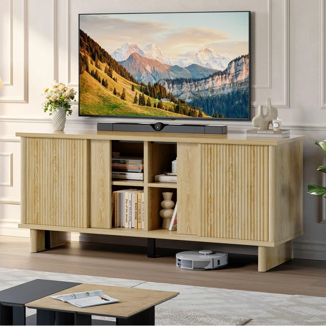 Main image of 58" TV Stand for 45/55/60/65" TV, Farmhouse TV Cabinet with Sliding Doors, TV Media Console with Storage for Living Room & Bedroom Natual Oak