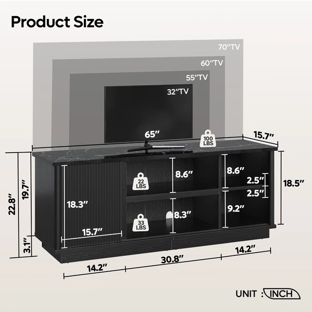Alt view image 6 of 6 - 65"TV Stand for TVs up to 70 inches, Fluted TV Cabinet with Sliding Doors,Modern Media Console for Living Room Storage Cabinet Black Marble Glossy PU Paper