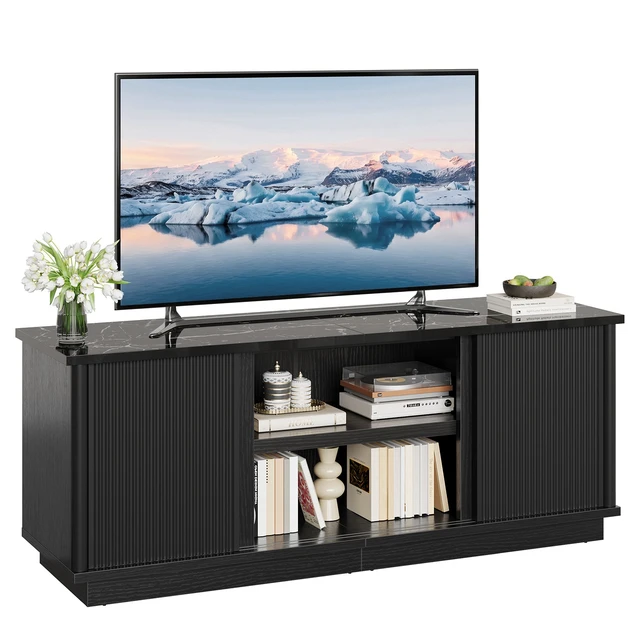 Alt view image 5 of 6 - 65"TV Stand for TVs up to 70 inches, Fluted TV Cabinet with Sliding Doors,Modern Media Console for Living Room Storage Cabinet Black Marble Glossy PU Paper