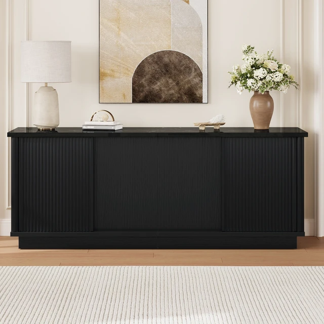 Alt view image 2 of 6 - 65"TV Stand for TVs up to 70 inches, Fluted TV Cabinet with Sliding Doors,Modern Media Console for Living Room Storage Cabinet Black Marble Glossy PU Paper