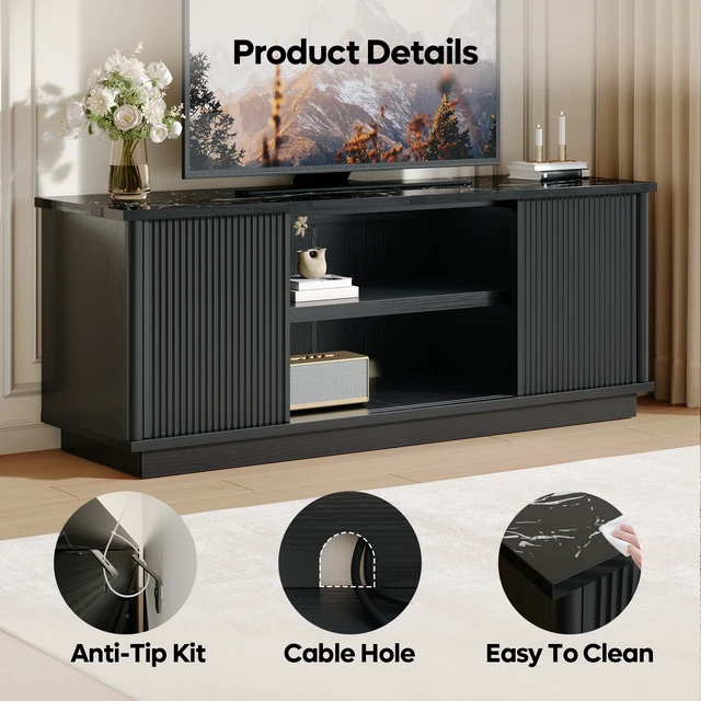 Alt view image 4 of 6 - 65"TV Stand for TVs up to 70 inches, Fluted TV Cabinet with Sliding Doors,Modern Media Console for Living Room Storage Cabinet Black Marble Glossy PU Paper