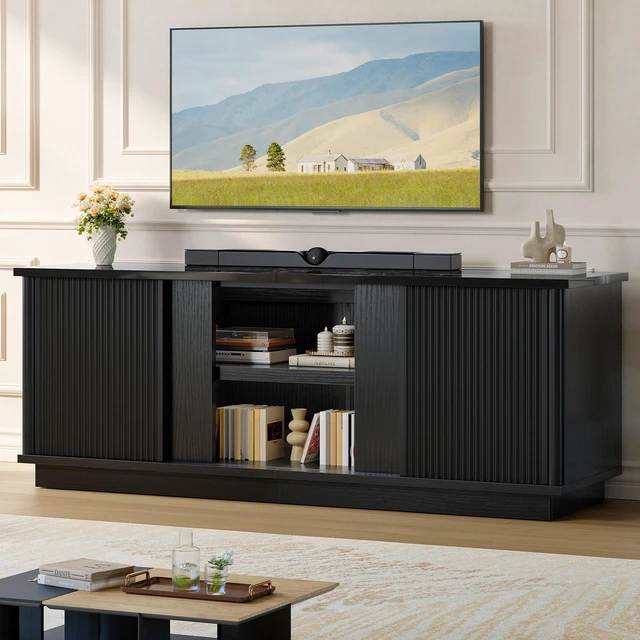 Main image of 65"TV Stand for TVs up to 70 inches, Fluted TV Cabinet with Sliding Doors,Modern Media Console for Living Room Storage Cabinet Black Marble Glossy PU Paper