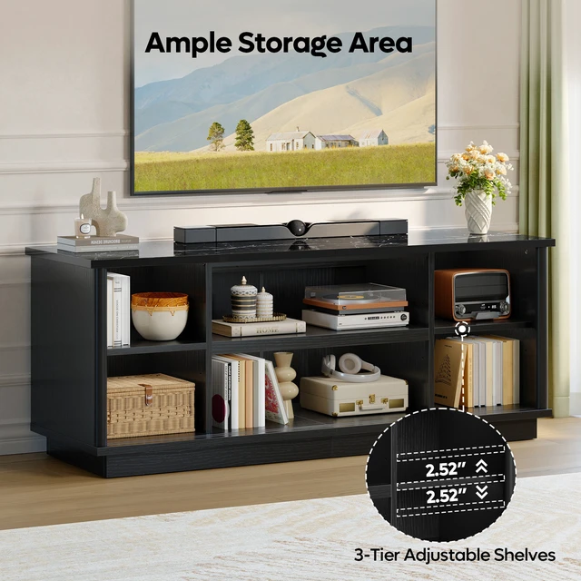 Alt view image 3 of 6 - 65"TV Stand for TVs up to 70 inches, Fluted TV Cabinet with Sliding Doors,Modern Media Console for Living Room Storage Cabinet Black Marble Glossy PU Paper