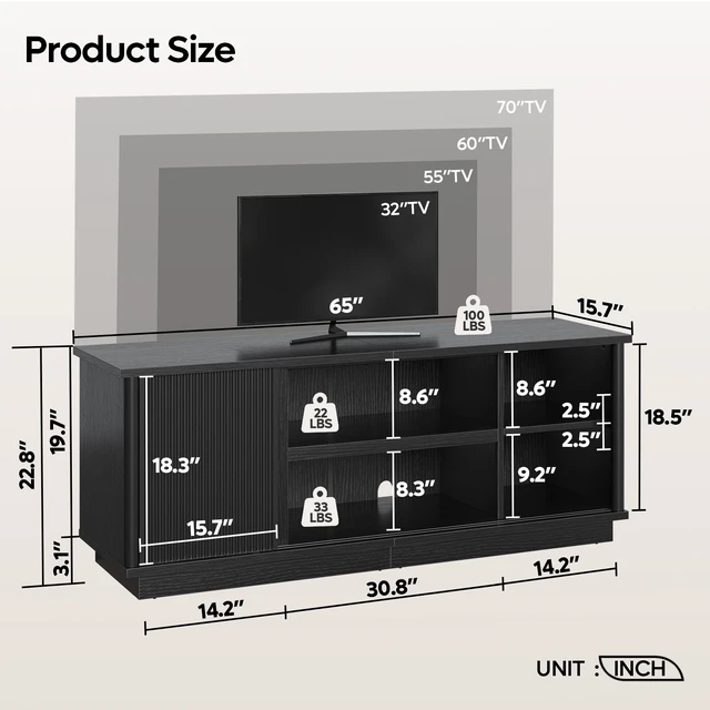 Alt view image 4 of 7 - 65"TV Stand for TVs up to 70 inches, Fluted TV Cabinet with Sliding Doors,Modern Media Console for Living Room Storage Cabinet Black Grained