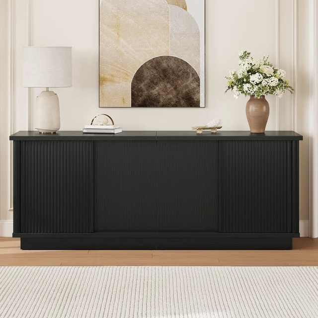 Alt view image 2 of 7 - 65"TV Stand for TVs up to 70 inches, Fluted TV Cabinet with Sliding Doors,Modern Media Console for Living Room Storage Cabinet Black Grained