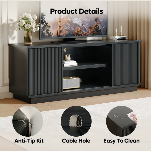 Alt view image 7 of 7 - 65"TV Stand for TVs up to 70 inches, Fluted TV Cabinet with Sliding Doors,Modern Media Console for Living Room Storage Cabinet Black Grained