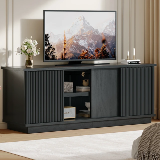Alt view image 3 of 7 - 65"TV Stand for TVs up to 70 inches, Fluted TV Cabinet with Sliding Doors,Modern Media Console for Living Room Storage Cabinet Black Grained