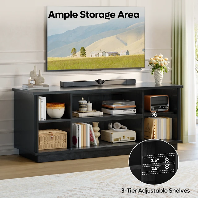 Alt view image 5 of 7 - 65"TV Stand for TVs up to 70 inches, Fluted TV Cabinet with Sliding Doors,Modern Media Console for Living Room Storage Cabinet Black Grained