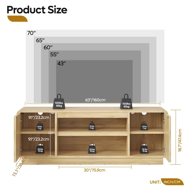 Alt view image 5 of 6 - 63" TV Stand for 55/60/65 inch TV, 70" TV Console Table with 2 Doors Cabinets & Open Storage, Fluted Low Medium Console Table