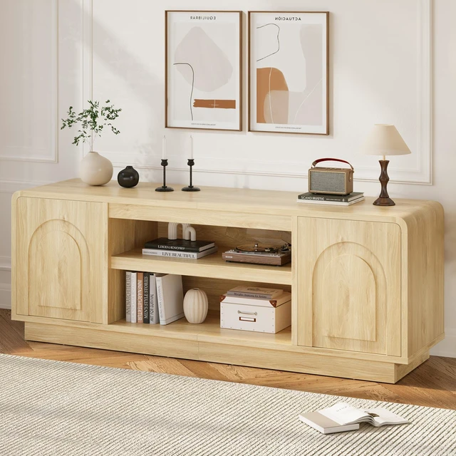 Main image of 63" TV Stand for 55/60/65 inch TV, 70" TV Console Table with 2 Doors Cabinets & Open Storage, Fluted Low Medium Console Table