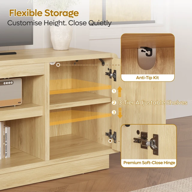 Alt view image 3 of 6 - 63" TV Stand for 55/60/65 inch TV, 70" TV Console Table with 2 Doors Cabinets & Open Storage, Fluted Low Medium Console Table