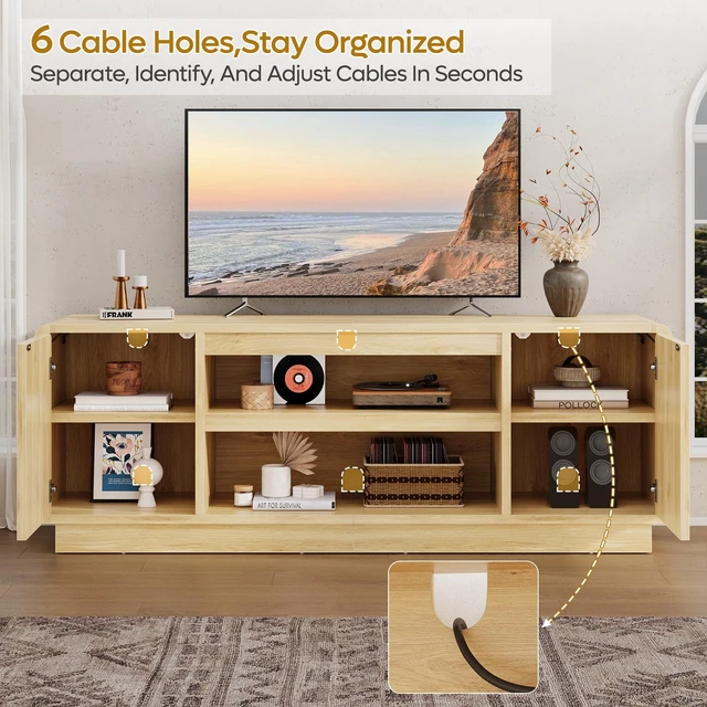 Alt view image 2 of 6 - 63" TV Stand for 55/60/65 inch TV, 70" TV Console Table with 2 Doors Cabinets & Open Storage, Fluted Low Medium Console Table