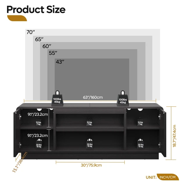 Alt view image 5 of 6 - 63" TV Stand for 55/60/65 inch TV, 70" TV Console Table with 2 Doors Cabinets & Open Storage, Fluted Low Medium Console Table Black Grained