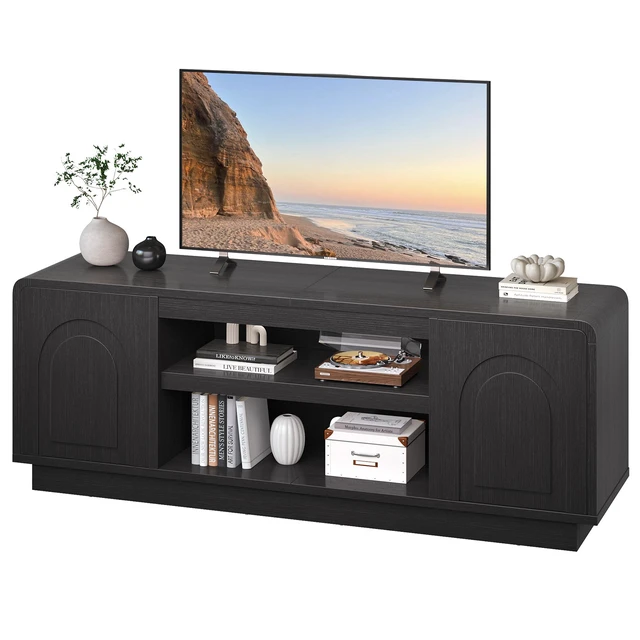 Alt view image 6 of 6 - 63" TV Stand for 55/60/65 inch TV, 70" TV Console Table with 2 Doors Cabinets & Open Storage, Fluted Low Medium Console Table Black Grained