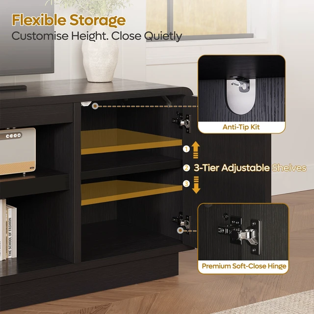 Alt view image 3 of 6 - 63" TV Stand for 55/60/65 inch TV, 70" TV Console Table with 2 Doors Cabinets & Open Storage, Fluted Low Medium Console Table Black Grained
