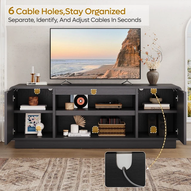 Alt view image 2 of 6 - 63" TV Stand for 55/60/65 inch TV, 70" TV Console Table with 2 Doors Cabinets & Open Storage, Fluted Low Medium Console Table Black Grained