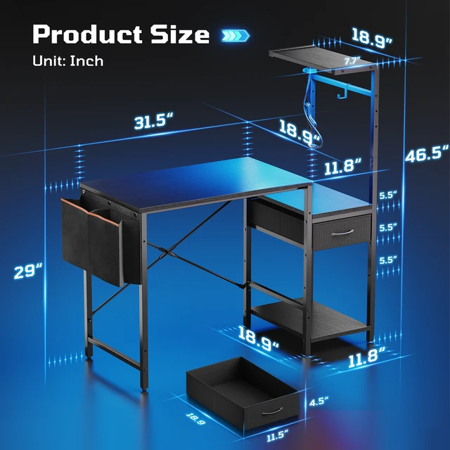 Alt view image 7 of 7 - Reversible Gaming Desk with Vibrant LED Strip, Elevated CPU Stand, Fabric Side Storage Pocket - Black Grained