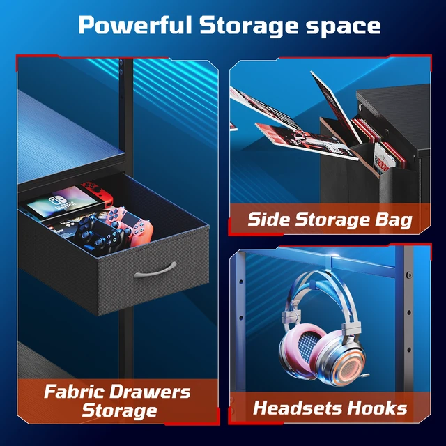 Alt view image 6 of 7 - Reversible Gaming Desk with Vibrant LED Strip, Elevated CPU Stand, Fabric Side Storage Pocket - Black Grained