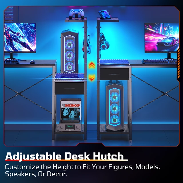 Alt view image 5 of 7 - Reversible Gaming Desk with Vibrant LED Strip, Elevated CPU Stand, Fabric Side Storage Pocket - Black Grained