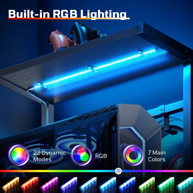 Alt view image 4 of 7 - Reversible Gaming Desk with Vibrant LED Strip, Elevated CPU Stand, Fabric Side Storage Pocket - Black Grained