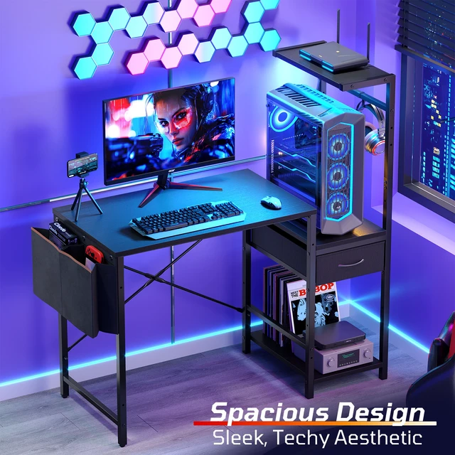 Alt view image 2 of 7 - Reversible Gaming Desk with Vibrant LED Strip, Elevated CPU Stand, Fabric Side Storage Pocket - Black Grained