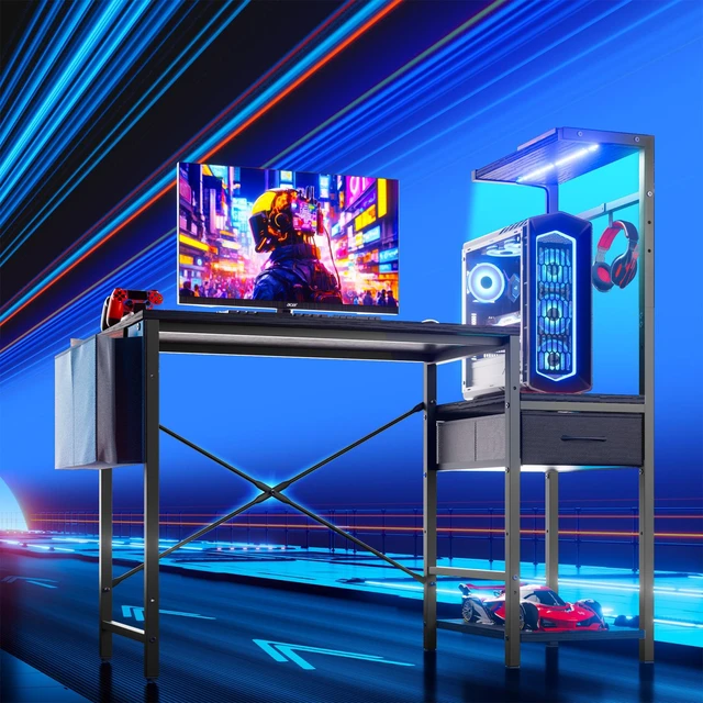 Main image of Reversible Gaming Desk with Vibrant LED Strip, Elevated CPU Stand, Fabric Side Storage Pocket - Black Grained