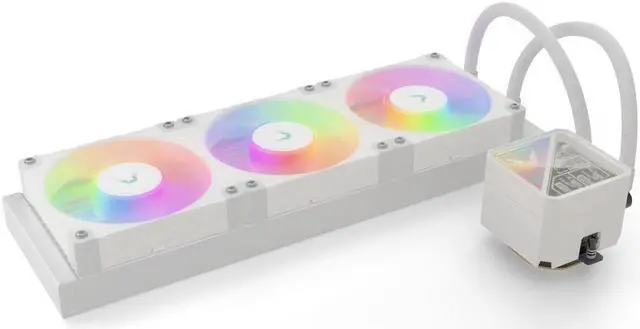 Alt view image 2 of 5 - Valkyrie V360 Lite AIO CPU Liquid Cooler- White, 360mm, RGB LEDs, FDB 120mm Fans 2150RPM, 2800RPM Pump, Fits AMD AM5/AM4, Intel LGA 1851, AMD Ryzen 9900x, 7800x3D, Intel Core Ultra 245K, 265K, 285K