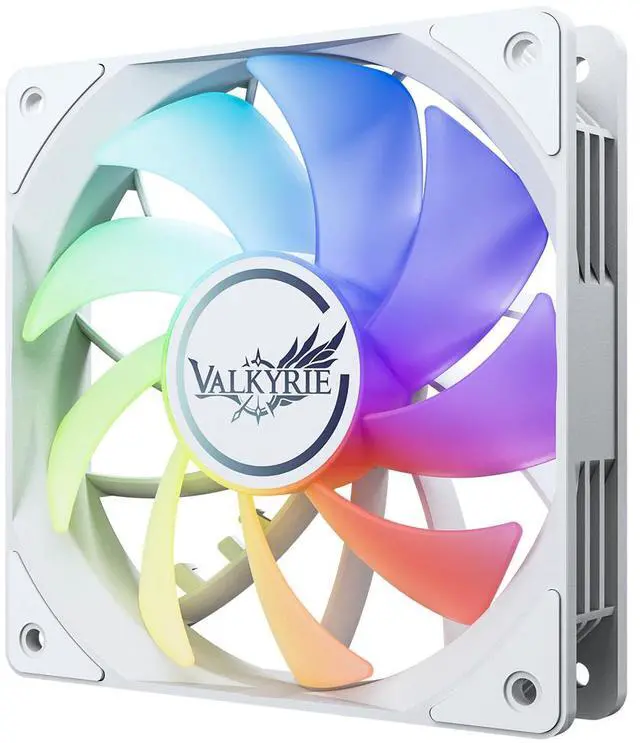 Alt view image 2 of 7 - Valkyrie V12 Reverse PC Case Fan - White  120mm - High Airflow 75CFM - Silent Operation - RGB - 3-pin Addressable LEDs -  700-1850 RPM - Daisy Chain - PWM- Computer Cooling - Reverse Airflow
