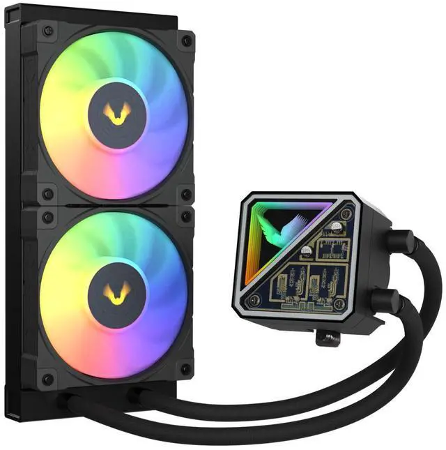 Alt view image 2 of 7 - Valkyrie V240 Lite AIO CPU Liquid Cooler - Black, 240mm, RGB LEDs, FDB 120mm Fans 2150RPM, 2800RPM Pump, Fits AMD AM5/AM4, Intel LGA 1851, AMD Ryzen 9900x, 7800x3D, Intel Core Ultra 245K, 265K, 285K