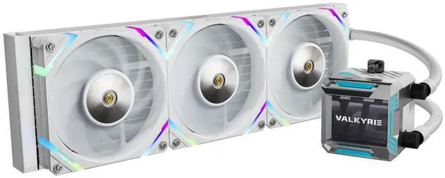 Main image of Valkyrie Syn 360 White - AIO CPU Liquid Cooler - LCD Screen Inside PC - 3x Fluid Dynamic Bearing X12 Fans, 360mm Water Cooler, Compatible w/ AMD AM4/AM5, Ryzen 7 7800x3d, Intel 14900k, LGA1700/1200