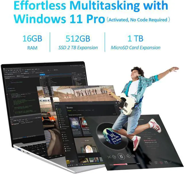 Alt view image 3 of 7 - Auusda Laptop Computer w/16GB DDR4 RAM 512GB M.2 PCIe NVMe SSD, Intel N95 2.0-3.4 GHz, 15.6" FHD LCD Work PC, Windows 11 Pro Notebooks, Backlit Keyboard, Fingerprint Unlock, Silver